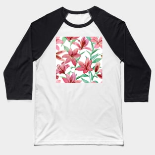 Translucent Lily flowers watercolor ornate composition. Transparent tropical pink flowers and leaves. Spring blooming garden Baseball T-Shirt